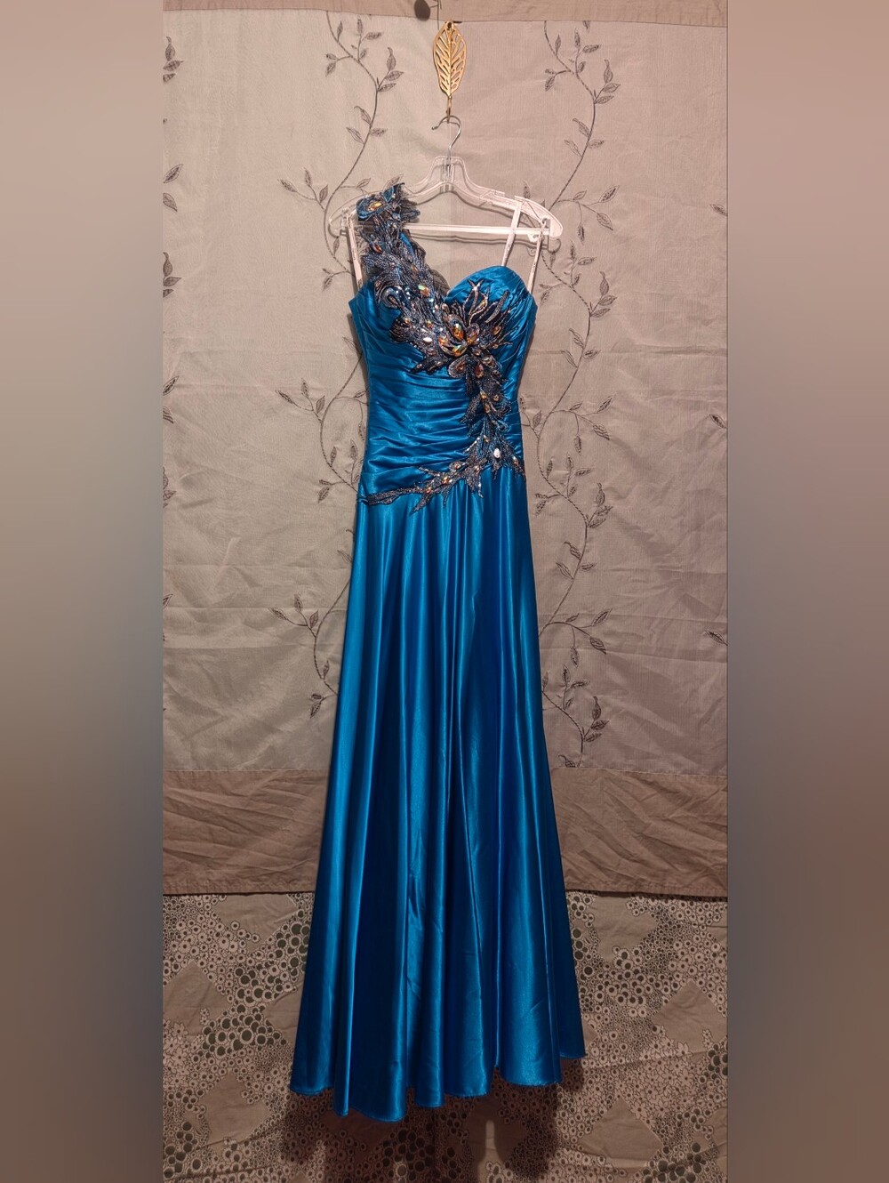 Tony Bowls One-Shoulder Sapphire Blue Prom Gown with Sequin Floral Appliqué